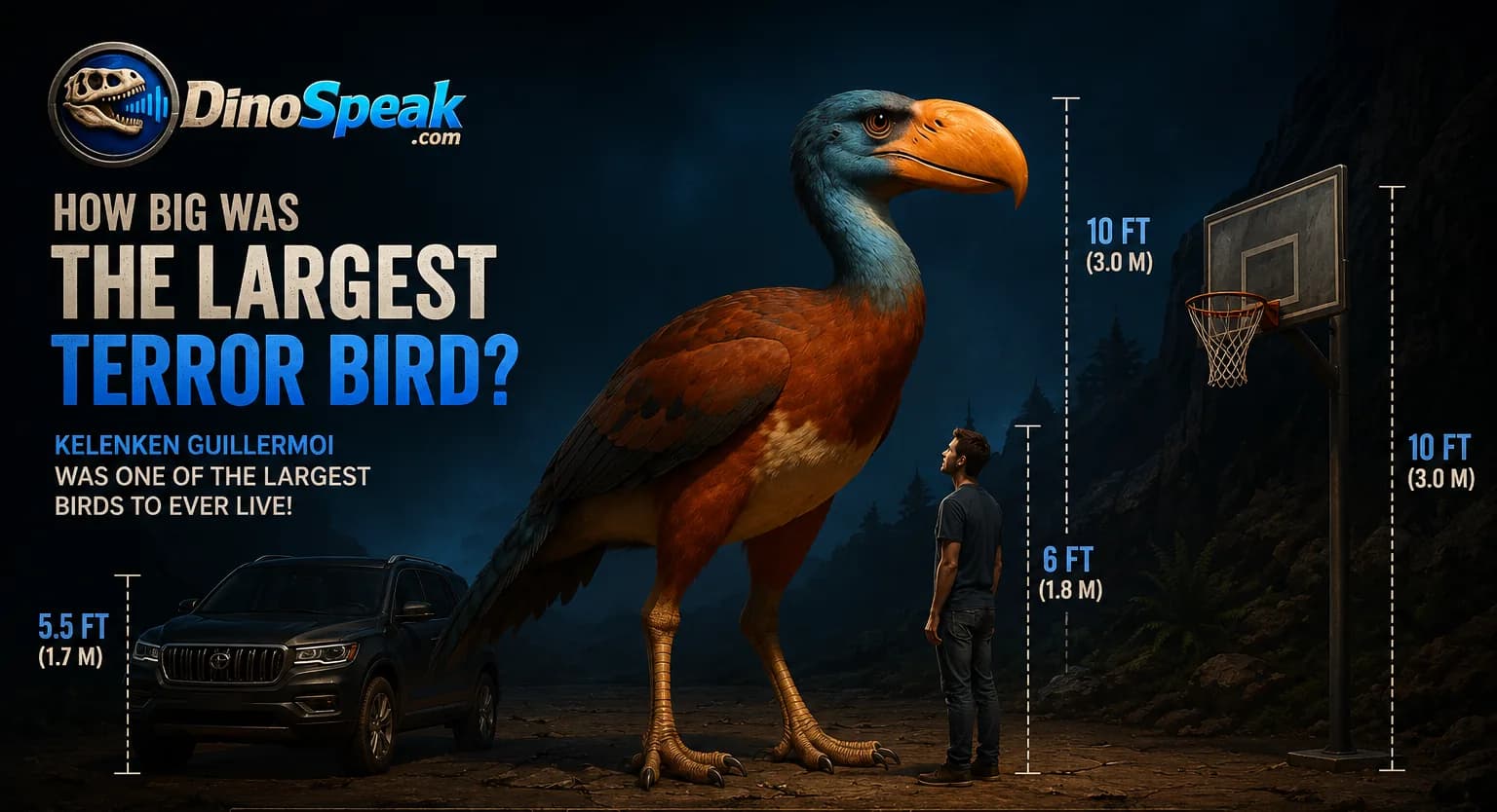 How big was the largest terror bird? Size comparison showing Kelenken guillermoi next to a human, car, and basketball hoop