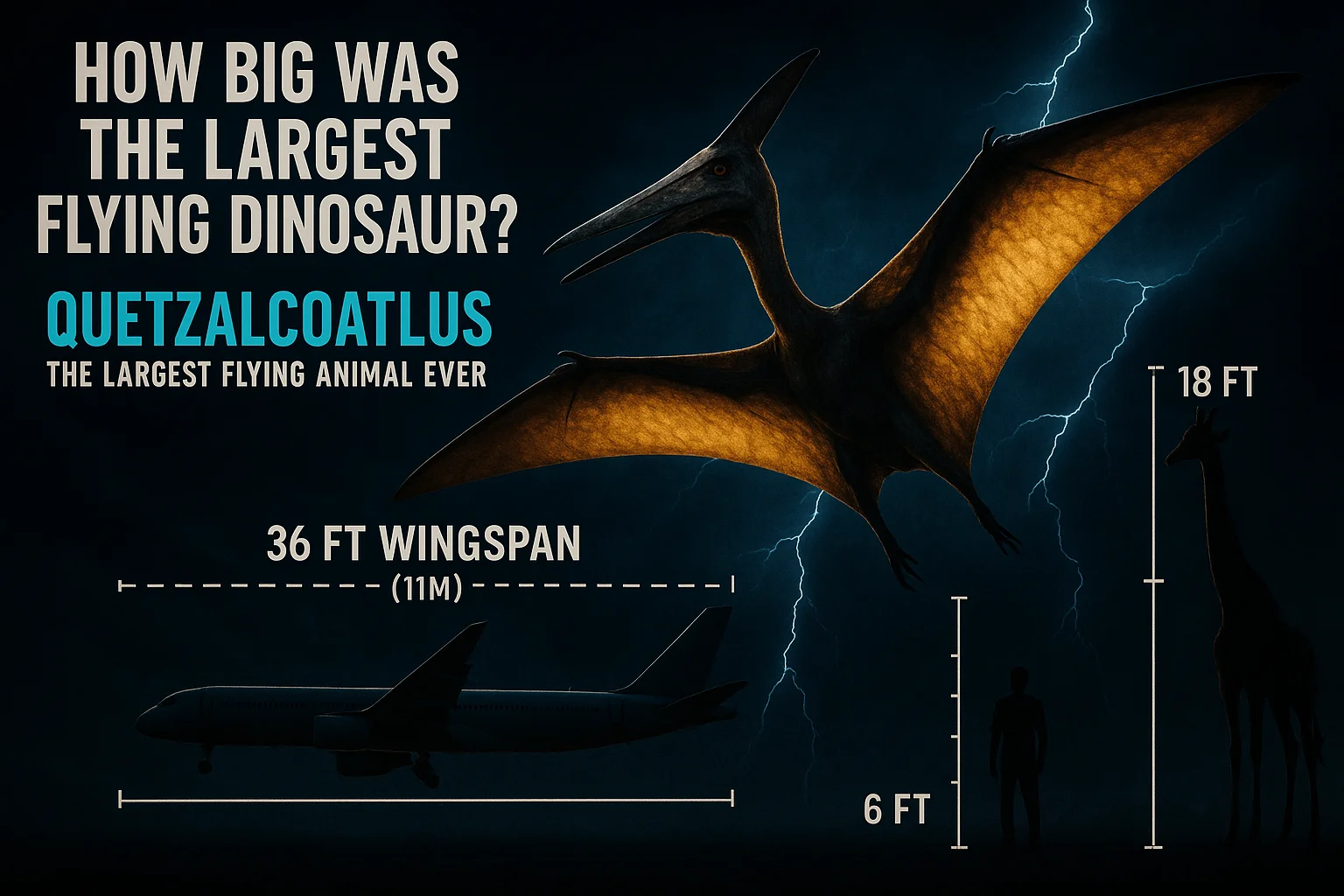 Quetzalcoatlus wingspan size comparison — 36 feet vs airplane and human silhouette