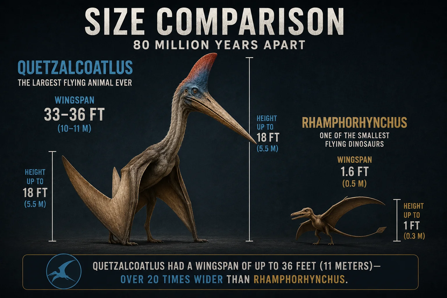 How big was the largest flying dinosaur — Quetzalcoatlus wingspan comparison with airplane and human