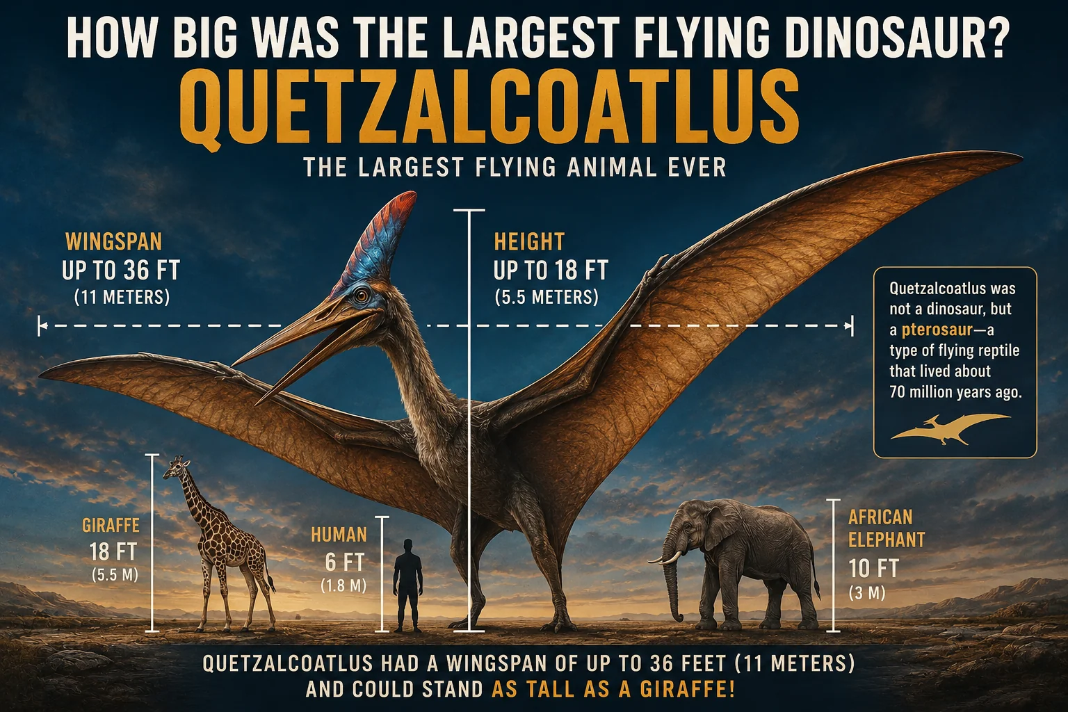 How big was Quetzalcoatlus — wingspan 36 ft, height 18 ft, compared to giraffe, human, and elephant