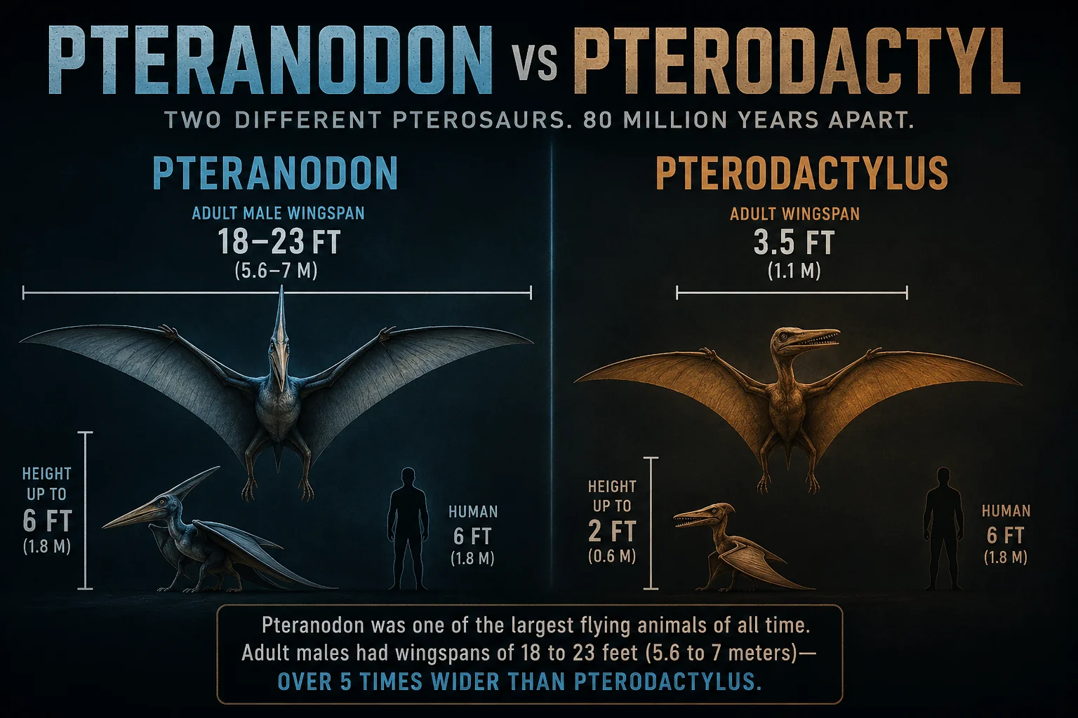 Pteranodon vs Pterodactyl size comparison — 23-foot wingspan vs 3.5-foot wingspan